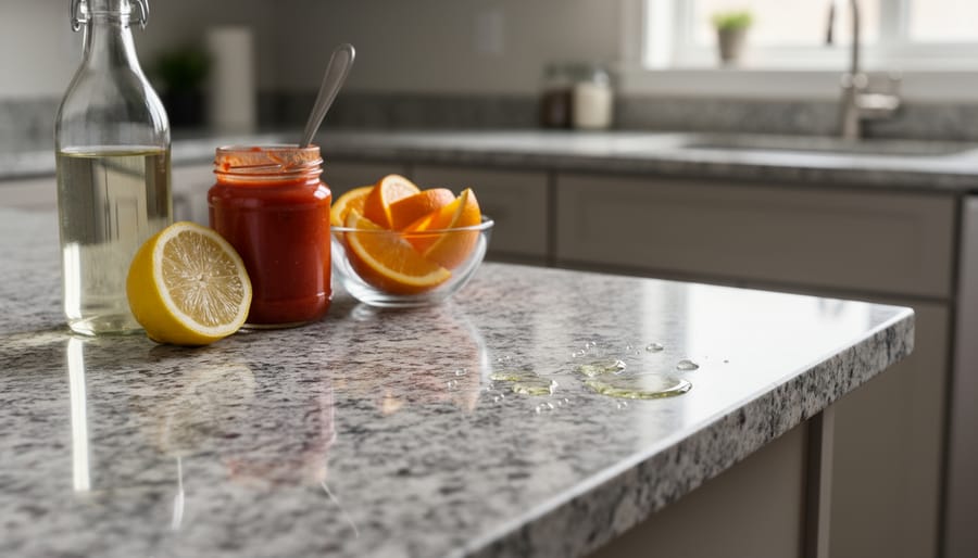 Kitchen countertop scene with granite surface and nearby vinegar and lemon placed for illustrating acidic exposure