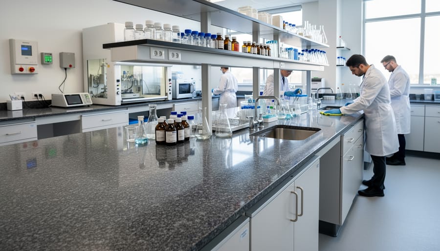 Lab benchtop scene with granite surface and gloved hands holding glass beaker above countertop