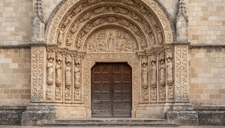 Low-angle view of a stone cathedral entrance with carved religious reliefs and detailed masonry