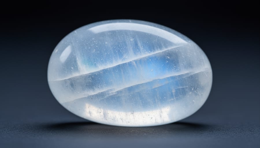 Macro close-up of a white moonstone cabochon showing adularescence under soft studio lighting