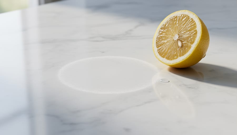 Marble countertop with a dull matte spot where a lemon was placed, illustrating etching damage