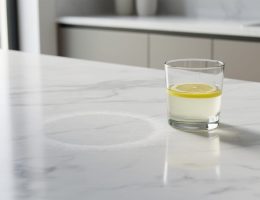 Close-up of a polished white marble countertop with a cloudy dull etch ring near a glass of lemon juice, showing acid damage to the surface polish.