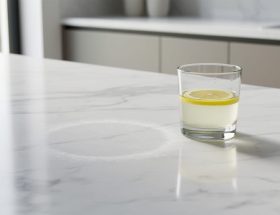 Close-up of a polished white marble countertop with a cloudy dull etch ring near a glass of lemon juice, showing acid damage to the surface polish.