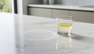 Close-up of a polished white marble countertop with a cloudy dull etch ring near a glass of lemon juice, showing acid damage to the surface polish.