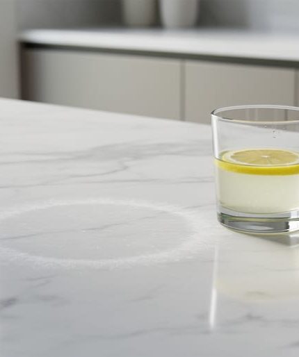 Close-up of a polished white marble countertop with a cloudy dull etch ring near a glass of lemon juice, showing acid damage to the surface polish.