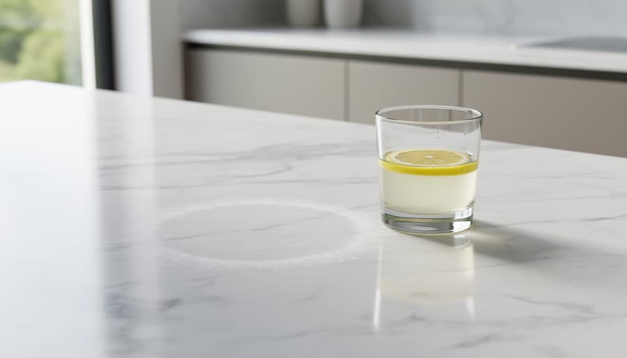 Close-up of a polished white marble countertop with a cloudy dull etch ring near a glass of lemon juice, showing acid damage to the surface polish.