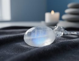 Close-up of a moonstone with a soft, floating glow on dark fabric, styled to evoke calm and reflective symbolism.