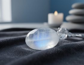 Close-up of a moonstone with a soft, floating glow on dark fabric, styled to evoke calm and reflective symbolism.