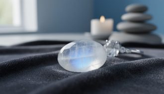 Close-up of a moonstone with a soft, floating glow on dark fabric, styled to evoke calm and reflective symbolism.