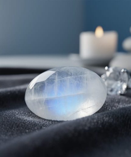 Close-up of a moonstone with a soft, floating glow on dark fabric, styled to evoke calm and reflective symbolism.