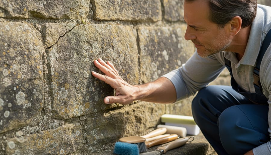 Person inspecting an existing stone patio surface with natural patina in a renovation context