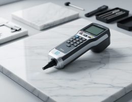 A handheld XRF analyzer testing a polished Carrara marble slab to verify its elemental composition.