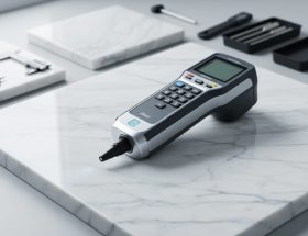 A handheld XRF analyzer testing a polished Carrara marble slab to verify its elemental composition.