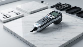 A handheld XRF analyzer testing a polished Carrara marble slab to verify its elemental composition.