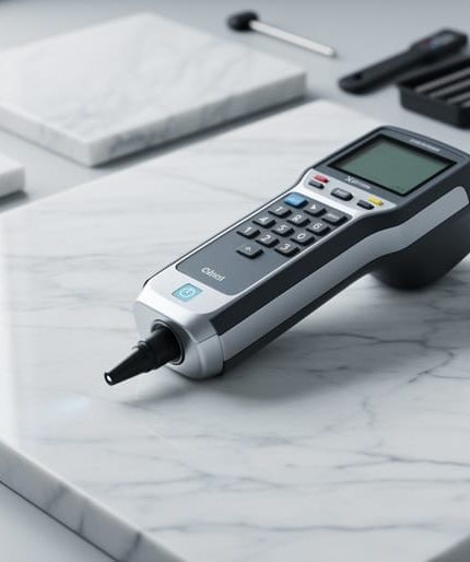 A handheld XRF analyzer testing a polished Carrara marble slab to verify its elemental composition.