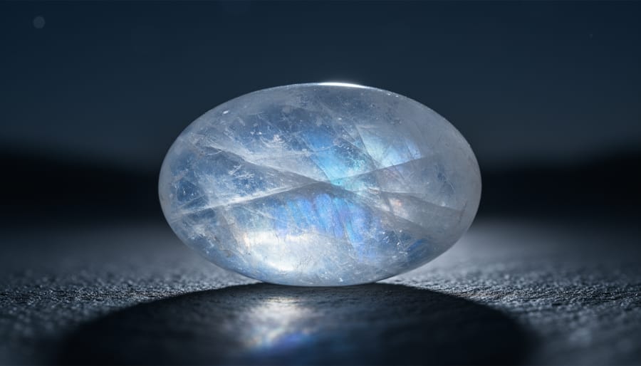 Rainbow moonstone resting on a wet stone beside a pond at night with crescent moon reflection