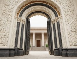 Low-angle close-up of a carved marble and granite doorway with textured relief patterns suggesting religious symbolism in a softly lit courtyard.