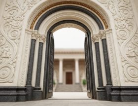 Low-angle close-up of a carved marble and granite doorway with textured relief patterns suggesting religious symbolism in a softly lit courtyard.