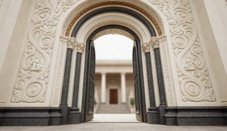 Low-angle close-up of a carved marble and granite doorway with textured relief patterns suggesting religious symbolism in a softly lit courtyard.