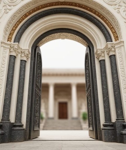 Low-angle close-up of a carved marble and granite doorway with textured relief patterns suggesting religious symbolism in a softly lit courtyard.
