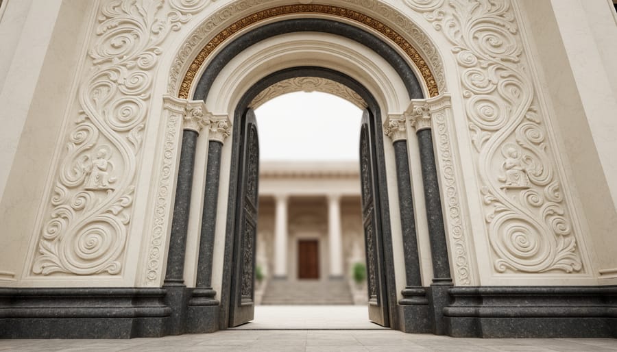 Low-angle close-up of a carved marble and granite doorway with textured relief patterns suggesting religious symbolism in a softly lit courtyard.