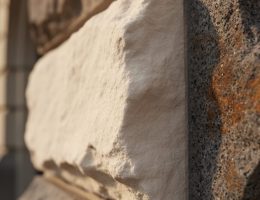 Close-up of weathered limestone and granite surfaces showing natural patina textures, color changes, and subtle sheen under soft daylight.