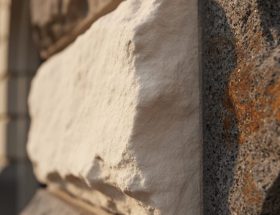 Close-up of weathered limestone and granite surfaces showing natural patina textures, color changes, and subtle sheen under soft daylight.