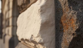 Close-up of weathered limestone and granite surfaces showing natural patina textures, color changes, and subtle sheen under soft daylight.