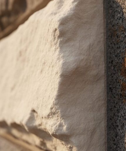Close-up of weathered limestone and granite surfaces showing natural patina textures, color changes, and subtle sheen under soft daylight.