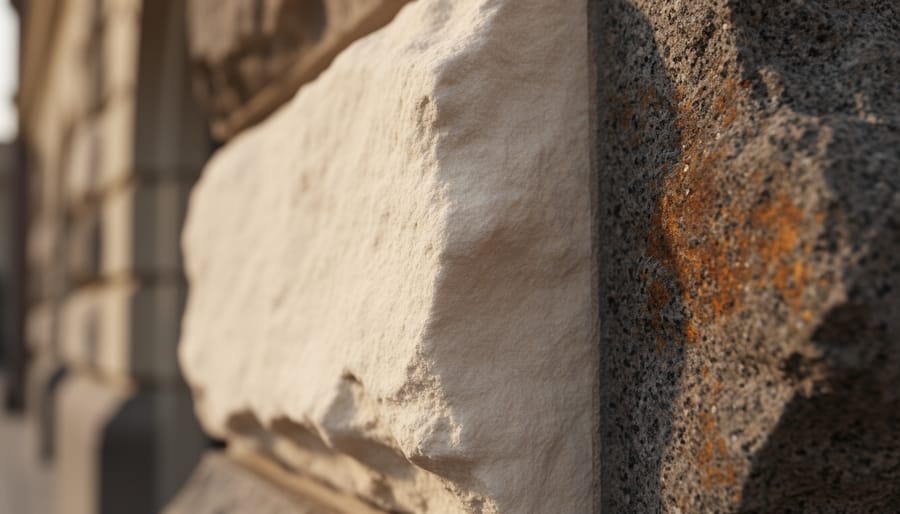 Close-up of weathered limestone and granite surfaces showing natural patina textures, color changes, and subtle sheen under soft daylight.