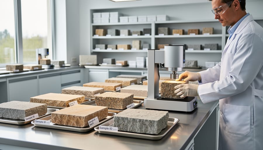 Technician in gloves holding a sealed stone specimen vial in a laboratory