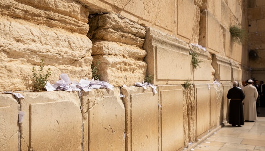 View of the Western Wall’s limestone blocks with softly blurred worshippers in the background