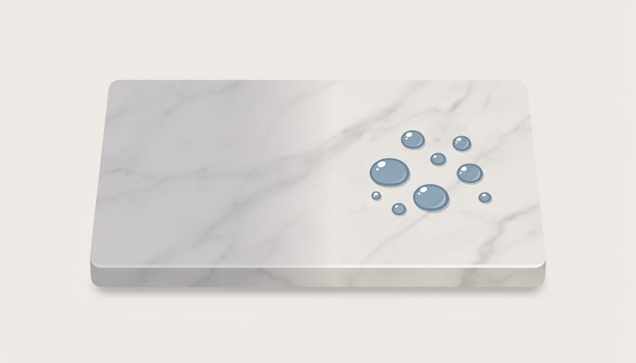 Water droplets beading on a sealed marble surface outdoors