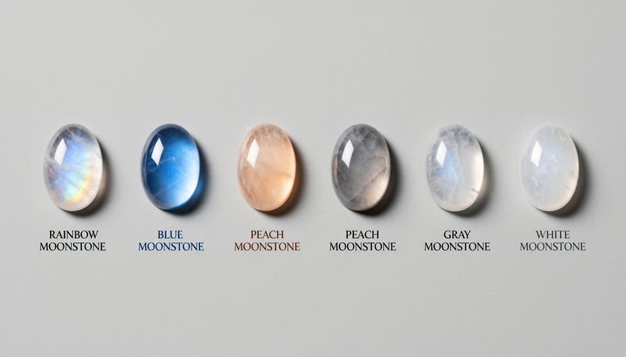 White and blue moonstone jewelry pieces laid on pale velvet with soft candlelight reflections
