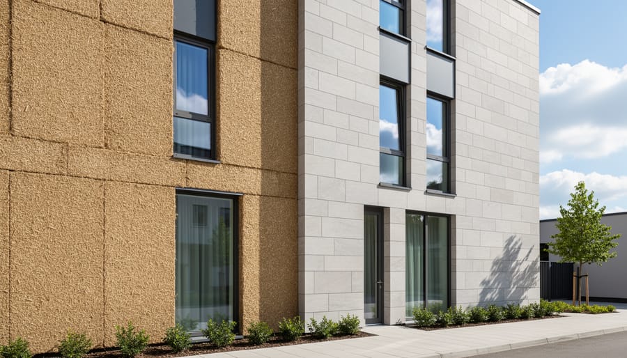 Wide view of a hempcrete wall section finished with natural stone cladding in a modern sustainable building exterior.