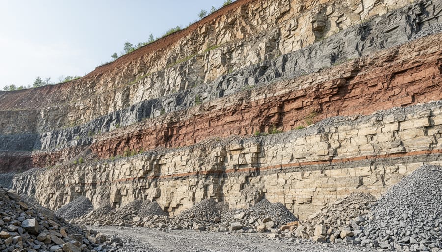 Wide view of an exposed rock face in a quarry showing distinct strata