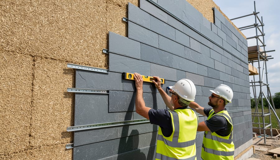 Workers installing slate cladding onto a hempcrete exterior wall during construction.