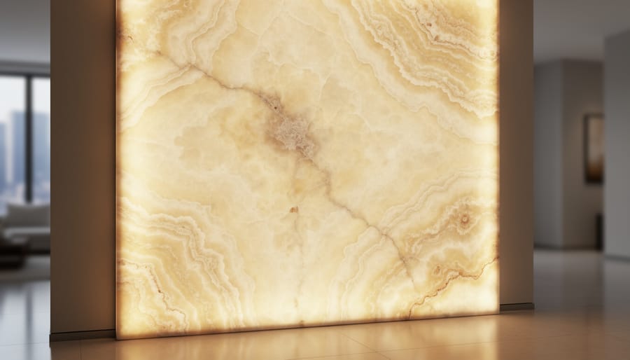Backlit translucent onyx panel glowing behind bathroom fixtures and stone surfaces.