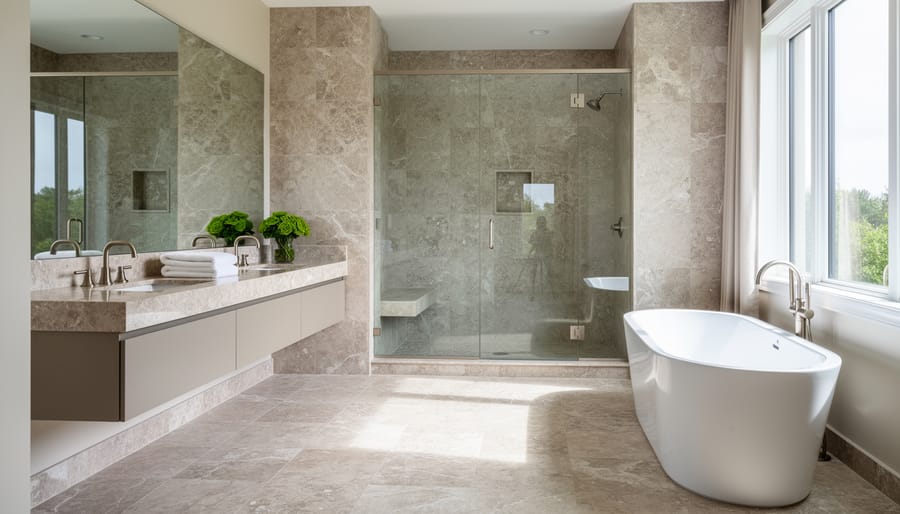Bathroom vanity with a natural stone countertop and vessel sink in a bright, modern space
