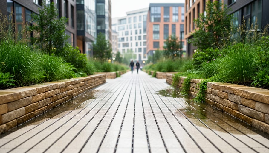 Rain garden with natural stone edging and permeable paving stones integrated into a bioswale.