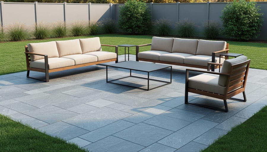 Outdoor patio featuring blue-gray bluestone pavers laid in a clean pattern