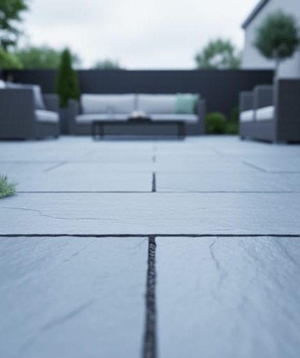 Bluestone pavers on an outdoor patio with visible stone texture and greenery between slabs, photographed in soft natural daylight.