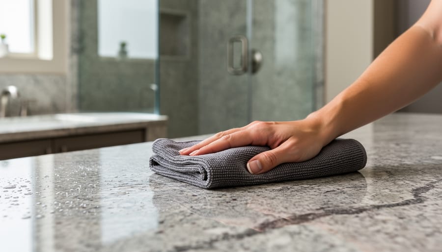 Hands cleaning a granite bathroom countertop with a microfiber cloth, showing a polished sealed stone surface.