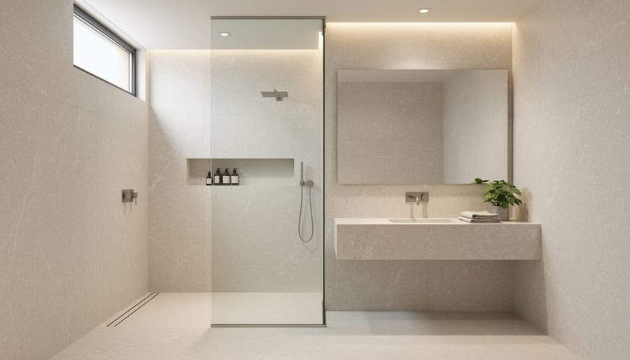Curbless shower with large-format limestone tiles and concealed drainage in a modern stone bathroom.