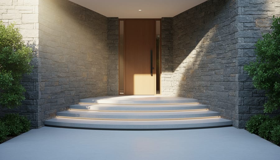 Marble reception console and feature wall in an elegant entryway with dramatic side lighting.