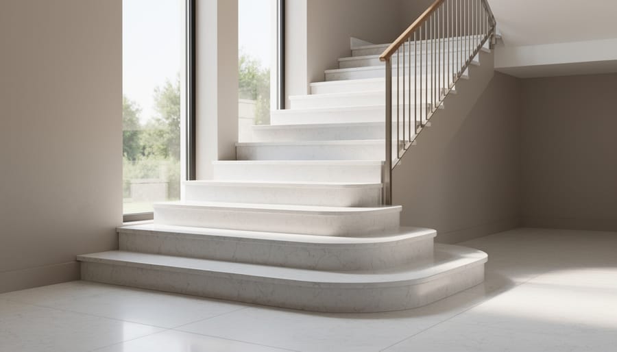 Finished modern interior staircase with quartz treads and risers showing stone veining and clean seams