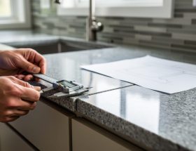 Hands using a steel measuring tape and digital caliper to measure granite countertop dimensions along cabinet edges in a modern kitchen.