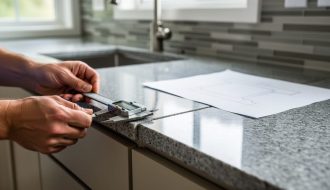 Hands using a steel measuring tape and digital caliper to measure granite countertop dimensions along cabinet edges in a modern kitchen.