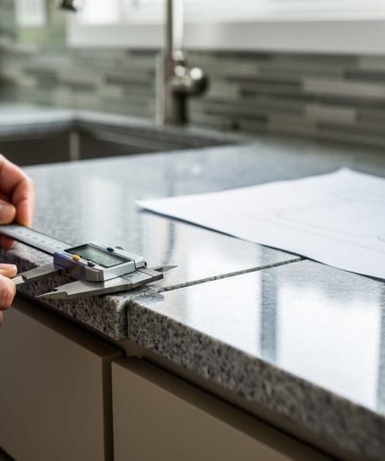 Hands using a steel measuring tape and digital caliper to measure granite countertop dimensions along cabinet edges in a modern kitchen.