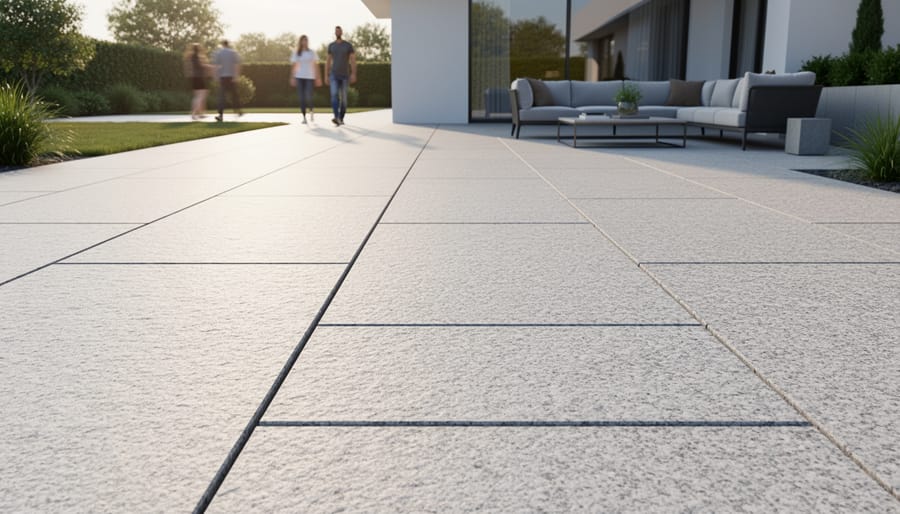 Granite patio slabs along a walkway with rugged stone texture and outdoor seating in the background